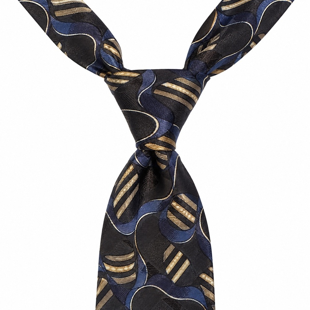 Vtg Don Loper Beverly Hills Mens Silk Tie Black Blue Gold Geometric Abstract OS